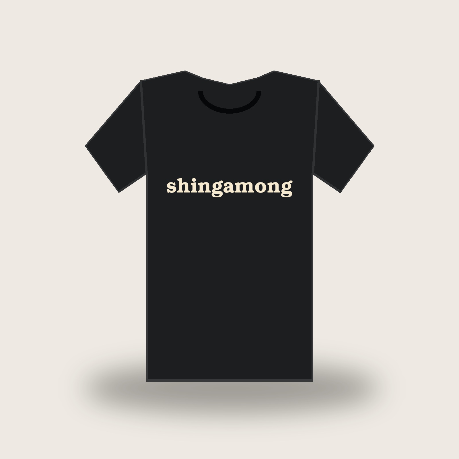 Black Shingamong T-shirt with a single cream word printed across the chest